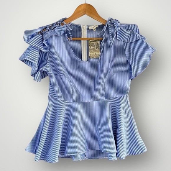 love J Tops - Women’s Blue Striped Ruffle Peplum Top